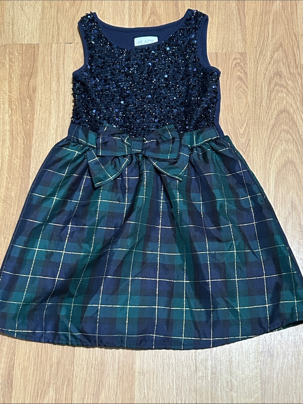 The Children's Place Navy Sequin Bodice with Green & Navy Plaid Bow Dress Size 6
